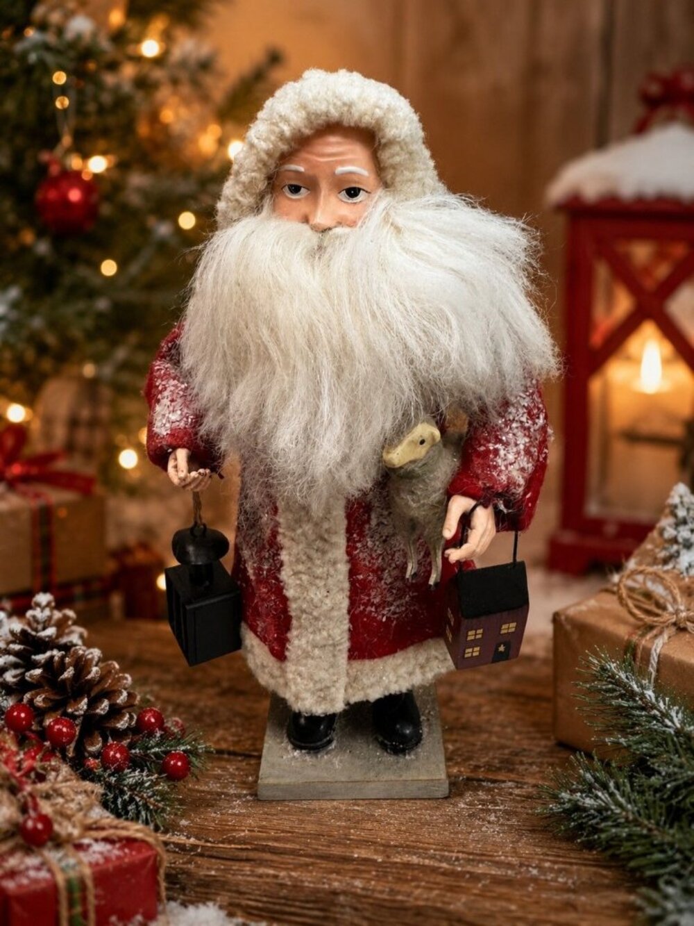 Bethany Lowe Santa With Stick Leg Sheep Putz House Lantern 13"